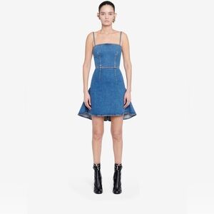 Alexander McQueen Spaghetti Strap Denim Mini Dress Flutted Hem Size 38 IT